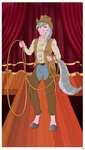 anthro belt belt_buckle bottomwear buckle clothed clothing cowboy_hat cowboy_outfit curtains female grey_hair hair half-closed_eyes hat headgear headwear holding_object holding_rope hooves looking_at_viewer mane mouth_closed narrowed_eyes pants pink_body rope shirt smile smiling_at_viewer solo stage standing topwear vest jimfoxx friendship_is_magic hasbro my_little_pony wrangler_(mlp) earth_pony equid equine horse mammal pony 2024 absurd_res full-length_portrait hi_res portrait signature