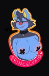 anthro anthrofied bell bell_collar big_breasts black_bow blue_body blue_fur blue_hair blush bodily_fluids bow_(feature) bow_collar breasts clothed clothing collar drooling eyeliner eyes_closed fangs female frilly frilly_collar fur hair heart_symbol huge_breasts makeup multicolored_body multicolored_fur nipple_outline nipple_tape partially_clothed pasties pokemorph pose red_nose ribbons saliva simple_background slightly_chubby slightly_chubby_female solo tape teeth text tongue tongue_out topwear x_nipples puppeon nintendo pokemon pup_(puppeon) generation_4_pokemon luxio pokemon_(species) absurd_res english_text hi_res pinup