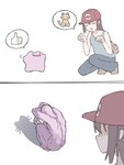 5_fingers baseball_cap blush bottomwear brown_bag brown_clothing brown_footwear brown_hair brown_shoes cat_shadow_puppet_(meme) closed_smile clothing duo emoji eyes_closed female fingers footwear grey_clothing grey_shirt grey_tank_top grey_topwear hair hat headgear headwear humor kneeling long_hair mouth_closed on_one_knee open_mouth open_smile pants paw_pose pose red_cap shaded_face shadow shirt shoes silent_comic simple_background smile speech_bubble tank_top thumbs_up_emoji topwear white_background rerendi nintendo pokemon ditto_(pokemon) generation_1_pokemon human mammal pokemon_(species) 2025 2koma absurd_res comic hi_res meme