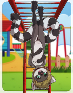 anthro barefoot blonde_hair casual_nudity feet female female_anthro flat_chested fur genitals green_eyes grey_body grey_fur hair hanging_by_feet loli monkey_bars multicolored_body multicolored_fur navel nipples nude outside playground short_hair solo toes upside_down vulva white_body white_fur young young_anthro young_female sicmop lemur mammal primate ring-tailed_lemur strepsirrhine alternate_version_at_source hi_res