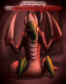 ambiguous_gender bodypaint claws dialogue feral head_down inside multi_eye raised_arms red_lighting scales serpentine solo speech_bubble spiked_tail spikes spikes_(anatomy) tail text threatening veil ventral_scales badday_(artist) out-of-placers baxxid english_text hi_res
