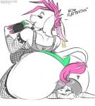 absurd_res alternative_fashion anthro bagelcollector big_butt bovid bovine butt cattle clothed clothing dominant duo electronics english_text felid female fishnet_clothing fishnet_topwear game_console hi_res huge_butt makeup mammal nintendo nintendo_switch pantherine panties punk ribby_(character) skimpy slightly_chubby smile text thick_thighs tiger topwear underwear