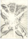 anthro claws clothed clothing hair kamehameha looking_at_viewer male muscular open_mouth pose shoulder_pads solo teeth uvula bigbadbear big_bad_bear bear mammal graphite_(artwork) hi_res traditional_media_(artwork)