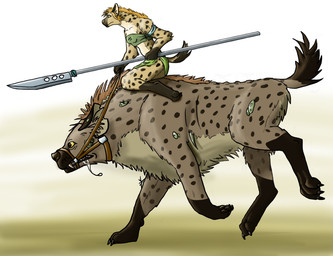anthro bodily_fluids bottomwear bridle brown_hair clothing drooling duo female feral glaive green_eyes hair lancer loincloth melee_weapon mount polearm quadruped reins riding saliva size_difference spear straddling tail tribal weapon yellow_eyes pyro-dragon gnoll hyena mammal spotted_hyena