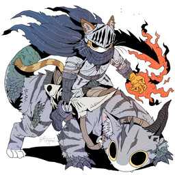 1_horn anthro armor black_eyes cloak clothing collar dragon_tail duo elemental_manipulation feral fire fire_manipulation gloves handwear headgear helmet horn knight male riding simple_background three-quarter_view warrior weapon white_background yellow_sclera fryprai domestic_cat felid feline felis hybrid mammal 1:1 hi_res