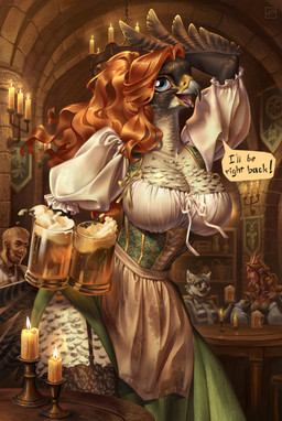 alcohol anthro beak beer beer_mug beverage big_breasts biped blue_eyes breasts brown_hair candle cleavage clothed clothed_anthro clothed_female clothing corset detailed_background dress feather_hands feathers female front_view fully_clothed fully_clothed_anthro fully_clothed_female group hair horn lingerie looking_at_viewer male male_human non-mammal_breasts smile tavern topwear waiter holivi avian bird falcon falconid horned_humanoid human humanoid lemur mammal peregrine_falcon primate strepsirrhine hi_res