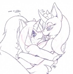 dialogue duo female female/female hair half-closed_eyes horn hug long_hair narrowed_eyes text conditional_dnp suirano hasbro my_little_pony mythology arcane_shade fan_character fire_eclipse equid equine mammal mythological_creature mythological_equine unicorn english_text