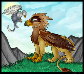 annoyed avian_feet beak brown_body duo feathered_wings feathers feet female feral fur male micro paws size_difference talons toes wings yellow_body guts_opossum mythology der serilde avian gryphon mythological_avian mythological_creature