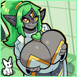 animated_gif anthro big_breasts biped black_body breasts clothed clothing dialogue female fur green_hair hair humanoid_pointy_ears humor joke looking_at_viewer multi_eye open_mouth pointy_ears silly simple_background smile solo speech_bubble text topwear nagifur mages_(nagifur) canid canine fox lagomorph leporid mammal rabbit 1:1 animated digital_media_(artwork) english_text loop short_playtime