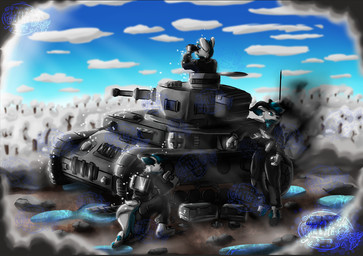 anthro battle blue_hair clothing fur group hair male military military_clothing military_uniform military_vehicle tank_(vehicle) trio uniform vehicle white_body white_fur xelhex canid canine canis mammal wolf