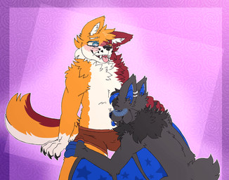 anthro belly_lick boxers_(clothing) bulge clothing duo finger_in_underwear fur hair licking_stomach male male/male markings piercing simple_background star_(marking) tail tail_motion tailwag tongue tongue_out underwear whiskers wings declaredghost caninewine_devan joshua_myste bat canid canine canis mammal megabat vampire wolf animated hi_res