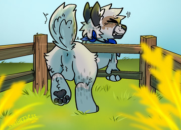 anthro anus bent_over blue_kerchief blue_neckerchief emanata eyes_closed farm fence grass grimace kerchief male neckerchief neckwear one_leg_up plant raised_leg raised_tail solo straining struggling stuck stuck_in_fence tail synthet1c microsoft minecraft mojang xbox_game_studios buzzard_(synthet1c) canid canine canis mammal pale_wolf_(minecraft) wolf wolf_(minecraft) signature