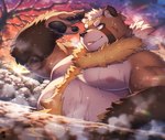 anthro bathing belly big_belly brown_body brown_fur detailed_background fur kemono male moobs nipples outside overweight overweight_male solo water hinami canid canine mammal raccoon_dog tanuki 2023