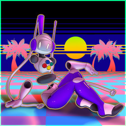 female floating_limbs looking_at_viewer machine not_furry pose solo synthwave elpatrixf blittany humanoid robot robot_humanoid 1:1 2016 colorful_theme hi_res pinup