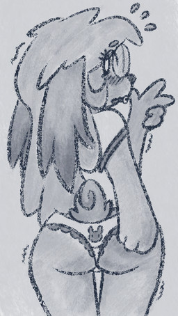 anthro blush bodily_fluids braces clothed clothed_female clothing eyewear female floppy_ears flying_sweatdrops gesture glasses hair hand_gesture hand_on_butt hand_on_own_butt long_hair looking_back print_clothing print_underwear rear_view scut_tail shaking shirt short_tail shy solo sweat sweatdrop t-shirt tail topwear underwear v_sign castafae lagomorph mammal 2026 digital_media_(artwork) greyscale hi_res monochrome