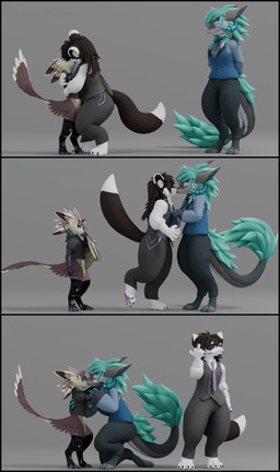 4_ears accessory anklet anthro arm_grab bedroom_eyes biped blep blush bottomwear breasts claws clothed clothing clothing_pull curling_tail digitigrade eyes_closed eyewear feathered_wings feathers featureless_crotch flipping_viewer_off french_kissing gesture glasses group hair half-closed_eyes hand_gesture holding_another horn horn_grab horn_jewelry horn_ring jewelry kiss_on_lips kissing legwear looking_at_viewer middle_finger multi_ear multitasking narrowed_eyes necktie necktie_grab necktie_pull open_mouth pants paws raised_tail ring_(jewelry) seductive shirt simple_background smile standing tail tongue tongue_out topwear trio vest winged_arms wings wiping_mouth beanthusiast hiyu_(modeler) asher_sterling eryn_(coffii) milo_(slimyjaws) avali domestic_cat felid feline felis mammal mayu_(azuki) wickerbeast 3d_(artwork) absurd_res blender_(artwork) comic digital_media_(artwork) hi_res