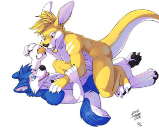anthro arm_markings black_nose black_pawpads blonde_hair blue_body blue_eyes blue_fur blue_hair duo featureless_crotch fight fur hair lying male male_anthro markings nude on_back open_mouth open_smile pawpads playful short_hair smile white_body white_fur yellow_body yellow_fur chibi-marrow solaxe_(artist) jhusky solaxe canid canine canis domestic_dog husky kangaroo macropod mammal marsupial nordic_sled_dog spitz