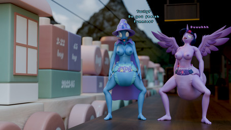 anthro big_breasts bodily_fluids breasts cape clean_diaper clothed clothing dialogue diaper diaper_only drooling duo erect_nipples feces female horn hypnosis mind_control mountain nipples pooping sagging_diaper saliva saliva_string soiled_diaper soiling soiling_diaper spiral spiral_eyes spread_wings tongue tongue_out topless train unclean_diaper used_diaper using_diaper vehicle wearing_diaper wings pony_pamps friendship_is_magic hasbro my_little_pony mythology trixie_(mlp) twilight_sparkle_(mlp) equid equine mammal mythological_creature mythological_equine unicorn winged_unicorn 16:9 4k absurd_res blender_(artwork) blender_cycles_(artwork) digital_media_(artwork) hi_res widescreen
