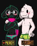 anthro black_body black_fur blush bulge clothed clothing duo eyewear fur glasses heart_before_text heart_symbol male pixelated_heart red_heart scarf skimpy standing text_with_heart toony topless underwear v-cut white_body white_fur young young_anthro young_male kake0078 deltarune undertale undertale_(series) asriel_dreemurr ralsei boss_monster_(undertale) bovid caprine darkner goat mammal 2018 hi_res portrait three-quarter_portrait