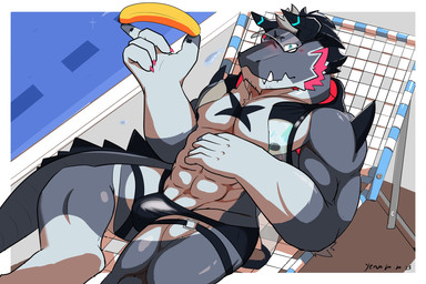 abs anthro banana beach_chair bulge clothing food fruit grey_body hair hat headgear headwear male muscular muscular_anthro muscular_male nipples pecs plant solo speedo swimwear tail visor_cap white_hair yeelune lifewonders live_a_hero mythology giansar dragon mythological_creature mythological_scalie scalie 3:2 hi_res