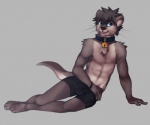 abs abstract_background anthro bell biceps black_hair blue_eyes clothing collar fur grey_background grey_body grey_fur hair jewelry male muscular muscular_anthro muscular_male necklace simple_background smile solo tail underwear wristband ookami-kun mammal mustelid otter