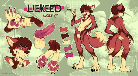 anthro athletic athletic_anthro balls biped claws fangs feet fingers fluffy fluffy_tail front_view genitals knot male navel nude_anthro open_mouth pawpads paws penis pink_eyes rear_view red_body slim_anthro solo tail teeth toes toony marriouss canid canine canis mammal wolf absurd_res hi_res model_sheet