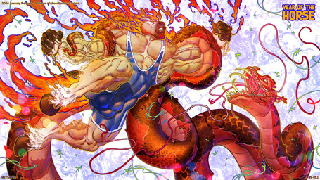 ambiguous_feral ambiguous_gender angry anthro areola areola_slip balls_outline barbel_(anatomy) beast_mode big_bulge big_muscles biped blue_wrestling_singlet body_hair bodysuit bound bulge butt chinese_year_takeover clothing detailed_bulge duo facial_hair feathering feral fight fighting_pose fighting_ring fire fireworks fist flame_markings flaming_eyes flaming_hair flaming_mane flaming_tail flesh_whiskers flexing flexing_bicep flying forked_tongue fur genital_outline hair holidays hooves horse_tail huge_bulge huge_muscles leg_muscles male male_anthro markings muscle_tone muscular muscular_anthro muscular_male pose pseudo_hair pseudo_mane reflective_clothing restrained rude size_difference skinsuit tail tight_clothing tongue tongue_out unguligrade vein veiny_arms veiny_muscles wrestler wrestling wrestling_clothing wrestling_match wrestling_outfit wrestling_singlet yellow_eyes hotsatyr asian_mythology chinese_mythology chinese_new_year chinese_zodiac east_asian_mythology lunar_new_year mythology new_year new_year_2026 year_of_the_horse equid equine horse mammal mythological_creature mythological_scalie reptile scalie snake 2026 digital_drawing_(artwork) digital_media_(artwork) hi_res