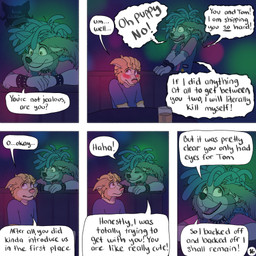 5_panel_comic anthro blonde_hair blue_clothing blue_hair blue_shirt blue_topwear blush bracelet brown_eyes chain_piercing clothing collar dialogue duo ear_piercing eyebrow_piercing eyes_closed facial_piercing fur green_eyes grey_body grey_fur hair inside jewelry laugh logo looking_away male name_in_dialogue nervous nightclub nose_piercing page_number piercing pink_clothing pink_shirt pink_topwear serious shirt shocked speech_bubble spiked_bracelet spiked_collar spikes text topwear vest yellow_body yellow_fur kriek_wildebeest jeremy_(kriek_wildebeest) parker_(kriek_wildebeest) bird_dog border_collie canid canine canis cavalier_king_charles_spaniel collie domestic_dog herding_dog hunting_dog mammal pastoral_dog sheepdog spaniel toy_dog 1:1 artist_logo comic english_text hi_res multiple_scenes