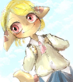 anthro backpack blonde_hair blush bottomwear brown_body clothed clothing female hair jacket necktie school_uniform shirt sky smile solo topwear uniform young young_anthro young_female doneru tany_(doneru) bamfear sketch adult_(lore)