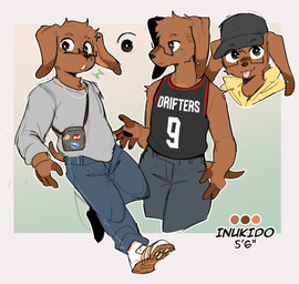 anthro baseball_cap black_pawpads blue_bottomwear blue_clothing blue_pants bottomwear brown_body brown_ears brown_eyes brown_fur brown_hair brown_tail clothed clothed_anthro clothed_male clothing color_swatch ear_piercing fingerpads fingers footwear front_view fur gauged_ear grey_clothing grey_hat grey_headwear grey_sweatshirt hair hat headgear headwear jersey jewelry looking_at_viewer male male_anthro necklace number_on_topwear pants pawpads piercing pink_tongue shirt shoes solo sweatshirt tail text text_on_clothing text_on_topwear tongue tongue_out topwear white_sclera yellow_clothing conditional_dnp sonokido inukido_(sonokido) canid canine canis domestic_dog mammal 2025 hi_res model_sheet
