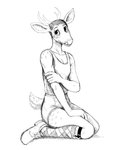 anthro antlers argyle_(pattern) boxers_(clothing) clothing femboy footwear fur horn kneeling looking_at_viewer male shirt simple_background socks solo tank_top topwear underwear white_background hladilnik deer_prince deer mammal 2020 hi_res monochrome