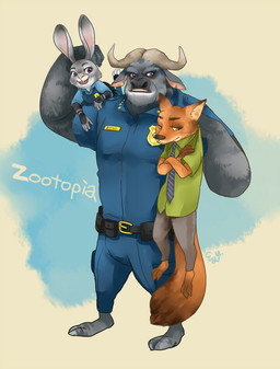 2_toes 3_toes accessory anthro badge barefoot belt belt_pouch bottomwear brown_body brown_eyes brown_fur brown_nose bulletproof_vest cargo_pants claws clothed clothing countershading crossed_arms dipstick_ears dipstick_tail ear_markings feet female fully_clothed fur gloves_(marking) green_eyes grey_body grey_fur group holding_character horn long_ears looking_aside looking_at_viewer male markings multicolored_ears multicolored_tail name_tag necktie open_mouth open_smile orange_body orange_fur pants pink_nose police police_uniform purple_eyes shirt size_difference smile standing tail tail_markings text toes topwear uniform white_body white_fur wrist_guards unknown_artist disney zootopia chief_bogo judy_hopps nick_wilde bovid bovine canid canine cape_buffalo fox lagomorph leporid mammal rabbit red_fox true_fox source_request