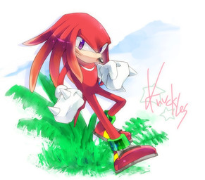 anthro big_eyes big_head biped black_nose clothing cloud dreadlocks featureless_crotch fist footwear fur grass hair handwear looking_aside looking_at_viewer male mittens mostly_nude outside plant purple_eyes red_body red_fur red_hair shoes shrub smile solo tail tan_body tan_skin text toony unknown_artist sega sonic_the_hedgehog_(series) knuckles_the_echidna echidna mammal monotreme character_name