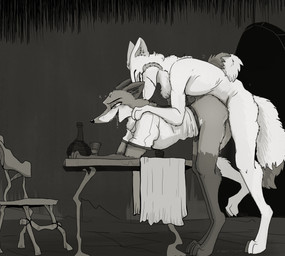 anal anal_penetration anthro anthro_on_anthro anthro_penetrated anthro_penetrating anthro_penetrating_anthro bent_over bent_over_table biped bodily_fluids bottomless bottomless_anthro bottomless_male bubble clothed clothing drunk drunk_bubble duo erection from_behind_position furniture genitals inside looking_pleasured male male/male male_penetrated male_penetrating male_penetrating_male nude nude_anthro nude_male penetration penile penile_penetration penis penis_in_ass platform_standing_doggystyle saliva sex side_view standing_doggystyle substance_intoxication table garbagegarage canid canine fox mammal 2022 monochrome
