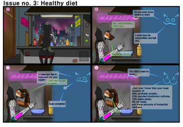 5_fingers ambiguous_gender annoyed anthro battery_life bottle bowl clothing container cutlery cybernetic_arm cybernetic_eye cybernetic_foot cybernetic_leg cybernetic_limb cybernetics cyberpunk detailed_background dialogue digitigrade discussion duo eating eyes_closed feet fingers first_person_view food fur greeting grey_clothing gun hair hexagonal_grid hindpaw holding_object hologram holographic_screen hood humor jumpsuit kitchen_utensils leg_markings leg_pouch long_snout machine markings mask multicolored_body multicolored_fur neon_lights neon_sign nose_pinch on_hind_legs paws purple_hair ranged_weapon redacted_text rifle sigh sign sitting snout speech_bubble spoon text tools visual_humor weapon zk-fur salvation_(zk-fur) canid mammal absurd_res comic english_text hi_res shaded
