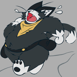 anthro belt black_body black_fur black_nose bodily_fluids breasts breath clothing exercise fangs fluffy fur handkerchief kerchief male markings mask open_mouth overweight overweight_male panting pawpads running shortstack shortstack_male solo sweat sweatdrop tail tail_markings teeth utility_belt weight_gain whiskers white_body white_fur yellow_clothing justwatchingthings atlus fattytober megami_tensei persona_(series) persona_5 sega morgana_(persona) domestic_cat felid feline felis mammal tuxedo_cat 1:1 2025 digital_media_(artwork) hi_res