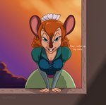 anthro big_breasts breasts buckteeth clothed clothing dress female fully_clothed hair half-closed_eyes looking_at_viewer narrowed_eyes simple_background smile solo teeth text vylfgor an_american_tail don_bluth bridget_(an_american_tail) mammal mouse murid murine rodent 2022 hi_res