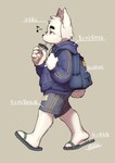 anthro bag beverage biped black_eyes bottomwear bubble_tea cheek_tuft clothing container cup curled_tail drinking earbuds electronics facial_tuft flip_flops footwear fur headphones holding_container holding_cup holding_object hoodie inner_ear_fluff kemono male narrowed_eyes pawpads pink_pawpads sandals shoes shorts solo tail text text_on_bottomwear text_on_clothing text_on_shorts topwear tuft walking white_body white_fur white_inner_ear_fluff ffjjfjci canid canine canis domestic_dog mammal 2021 chinese_text digital_media_(artwork) hi_res shaded signature