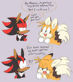 alternate_color anthro black_body black_fur blue_eyes brown_body brown_fur brown_skin clothing dark_body dark_skin dialogue duo fist frown fur gloves grey_background half-closed_eyes handwear humor interrobang male narrowed_eyes open_mouth open_smile orange_body orange_fur red_body red_eyes red_fur redesign simple_background smile speech_bubble text white_body white_clothing white_fur white_gloves white_handwear yellow_body yellow_fur 8xenon8_(artist) sega sonic_the_hedgehog_(series) miles_prower shadow_the_hedgehog canid canine eulipotyphlan fox hedgehog mammal 2019 digital_media_(artwork) english_text