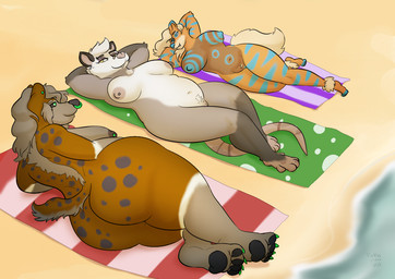 anthro areola band-aid bandage barbell_piercing beach beach_towel big_butt breasts butt casual_nudity crotch_tuft curvy_figure ear_piercing eyelashes facial_piercing feet female genitals group long_eyelashes lying markings nipple_piercing nipples nose_piercing nude on_back pawpads piercing pokemorph pubes sand slightly_chubby soles spots spotted_back spotted_butt spotted_markings spotted_shoulders spotted_tail sunbathing tail tail_markings thick_thighs towel trio tuft voluptuous vulva water wide_hips pickles-hyena nintendo pokemon maya_henderson warhound_(cwd147) american_opossum arcanine arthropod canid canine generation_1_pokemon hyena mammal marsupial pokemon_(species) virginia_opossum