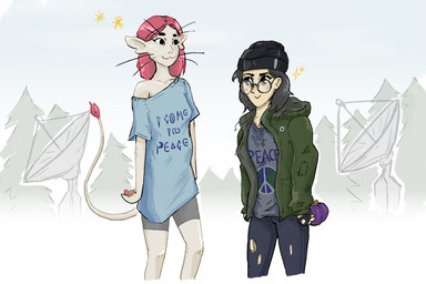 ambiguous_gender clothed clothing duo female food fruit hair innuendo pink_hair plant simple_background smile standing tail text white_body ellathefoxy voices_of_the_void dr._kel fan_character alien aquatic ariral arthropod crustacean human mammal shrimp 3:2 english_text sketch