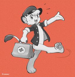 4_fingers 4_toes anthro anthrofied arm_tuft bag barefoot bent_arm biped bottomless bottomless_anthro bottomless_male casual_exposure chest_tuft clothed clothed_anthro clothed_male clothing container cute_fangs dark_eyes dark_tuft dipstick_ears ear_markings emanata fangs feet fingers first_aid_kit fur fur_tuft hat head_tuft headgear headwear hindpaw holding_bag holding_container holding_object iris jacket kemono leg_tuft long_tail looking_at_viewer male male_anthro medical_instrument multicolored_ears one_fang open_clothing open_jacket open_mouth open_smile open_topwear pawpads paws plantigrade plantigrade_pawpads pose pupils red_background scientific_instrument short_sleeves simple_background slim slim_anthro slim_male slit_pupils smile smiling_at_viewer solo straight_arm straight_legs tail tail_tuft teeth text three-quarter_view toes topwear tuft walking white_text young young_anthro young_male koiyaroid kimba_the_white_lion osamu_tezuka kimba felid lion mammal pantherine 2026 artist_name english_description full-length_portrait hi_res portrait restricted_palette shaded