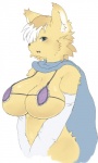 anthro big_breasts biped blue_eyes blush breasts cloak clothing exposure_variation fangs female front_view fur huge_breasts kemono long_ears looking_at_viewer open_mouth simple_background solo standing teeth white_background yellow_body yellow_fur sindoll sega shining_(sega) shining_force alef_(shining) canid canine fox mammal hi_res