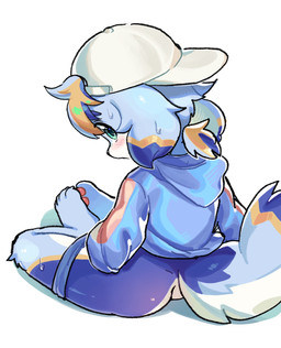 anthro backwards_baseball_cap backwards_hat baseball_cap black_nose blue_body blue_fur blush blush_lines bodily_fluids butt caught_in_the_act caught_masturbating clothed clothing embarrassed feet floppy_ears fur hair hair_through_hat hat headgear headwear hoodie kemono looking_at_viewer male masturbation partially_clothed pawpads paws simple_background solo sweat tail topwear underwear underwear_down white_background white_body white_fur young young_anthro young_male xiao_langao canid canine canis domestic_dog mammal absurd_res hi_res