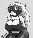 anthro big_breasts black_clothing black_hair body_writing breasts bulging_breasts cleavage cleavage_overflow clothed clothing female hair huge_breasts multicolored_hair slightly_chubby solo two_tone_hair white_hair writing_on_breasts cindersticks luna_paws bear giant_panda mammal hi_res monochrome