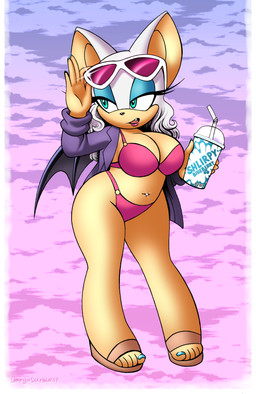 5_fingers 5_toes anthro bat_wings beverage big_breasts bikini breasts clothing colored_nails container cup eyeshadow eyewear fangs feet female fingers footwear hair half-closed_eyes holding_container holding_cup holding_object humanoid_hands jacket light_body light_skin lipstick makeup membrane_(anatomy) membranous_wings nails narrowed_eyes navel navel_piercing navel_stud open_mouth piercing pink_bikini pink_clothing pink_swimwear sandals shoes solo sunglasses swimwear teal_eyes teeth text toes topwear two-piece_swimsuit white_hair wings omegasunburst sega sonic_the_hedgehog_(series) rouge_the_bat bat mammal absurd_res english_text hi_res signature
