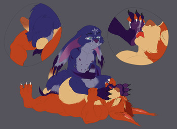 anthro balls big_ears blue_body bodily_fluids duo erection eyes_closed feet foot_fetish foot_lick fur genitals humanoid_genitalia licking male male/male masturbation multi_nipple nipples orange_body overweight pawpads purple_body purple_fur purple_pawpads saliva tongue bristol wildstar gusho keon_(neos8) chimera chua
