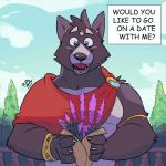 anthro black_body black_fur blue_eyes blush bottomwear bouquet clothing countershading courting dialogue facial_piercing flower fur grey_body grey_fur happy jewelry labret_piercing lip_piercing looking_at_viewer male multicolored_body multicolored_fur musclegut muscular muscular_anthro muscular_male nipples outside piercing plant shorts sky slightly_chubby smile solo text tree two_tone_body two_tone_fur borkthunder adastra adastra_(series) echo_project amicus_(adastra) canid canine canis mammal wolf 1:1 2019 english_text hi_res