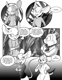 4_fingers anthro blush breasts buckteeth cheek_tuft chest_tuft clothing constricted_pupils duo embarrassed facial_tuft female fingers grass male male/female nervous nervous_smile plant pupils scared scut_tail short_tail small_pupils sweater tail teeth thanks topwear tuft turtleneck chris_fischer chipmunk ground_squirrel mammal mouse murid murine rodent sciurid hi_res monochrome