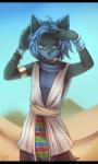 anthro black_bars blue_body blue_eyes blue_fur blue_hair clothed clothing desert desolate fur hair heterochromia looking_at_viewer male outside robe sand simple_background sky solo suggestive wristband blackbird_(artist) echelon_kayari canid canine felid fox hybrid mammal 2017 hi_res letterbox